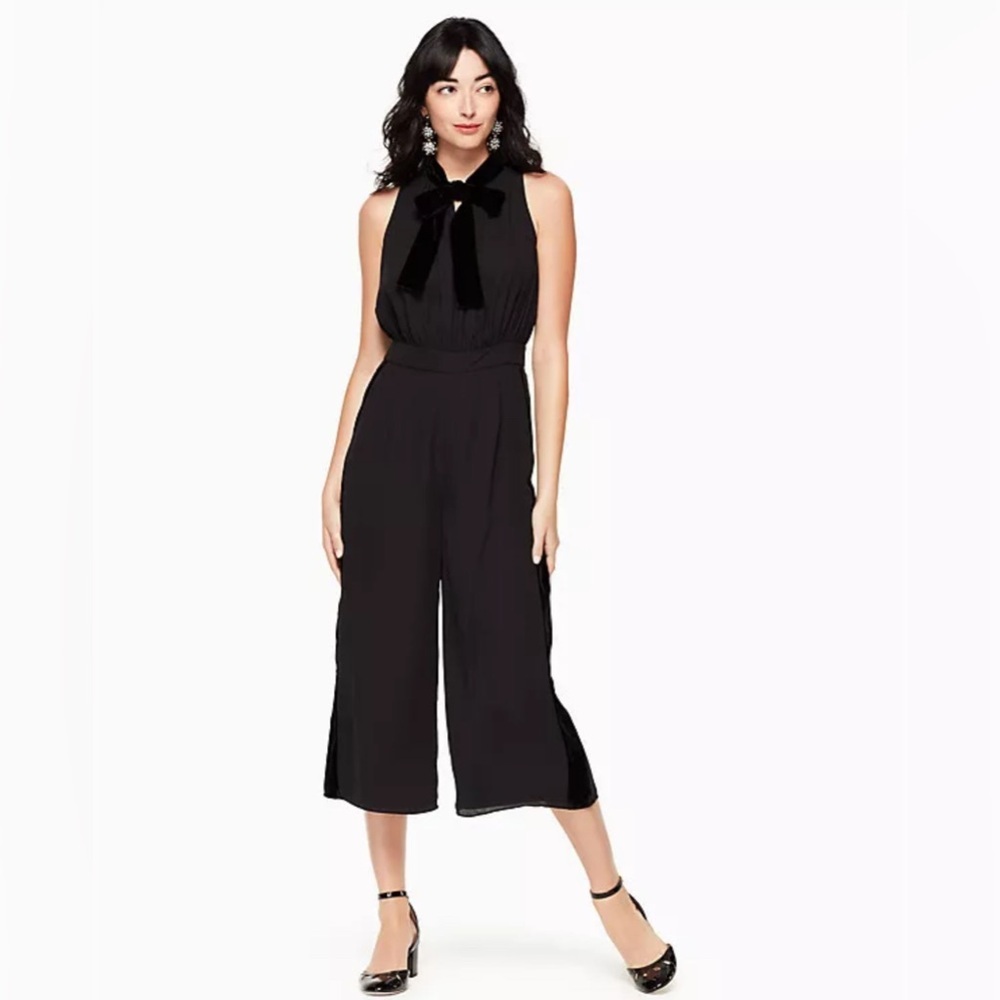 KATE SPADE Black Velvet Trim Bow Tie Neckline Wide Crop Pants Jumpsuit‎ 0